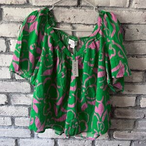 NWT Velvet Graham & Spencer Blouse Top Womens M Green Pink Boxy Cotton Sheer